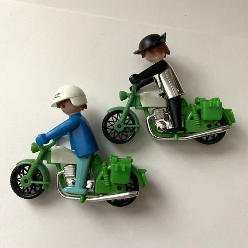 Pair Of Vintage Playmobil Geobra 1976 Green Motorcycles & 1974 Figures