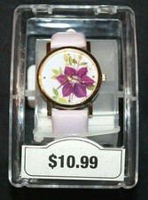 Womens Round Gold Tone Purple Flower Design Wristwatch w/ Faux Leather Strap
