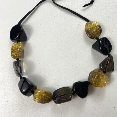 Vintage Gerda Lynggaard Massive Statement Resin Bead Necklace Black Gold - 第 1/6 張圖片