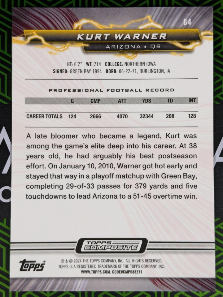 Kurt Warner (HOF) 2023 Topps Composite Resurgence Yellow Surge Refractor 019/200 - Image 2 of 3