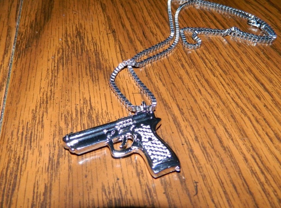 MIP- Silver Tone Hand Gun designed pendant with a matching 24 inch link ...