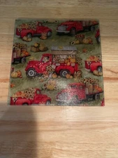 Handmade Textured Tempered Glass 7.75" Square Fall Red Trucks Cutting Board 