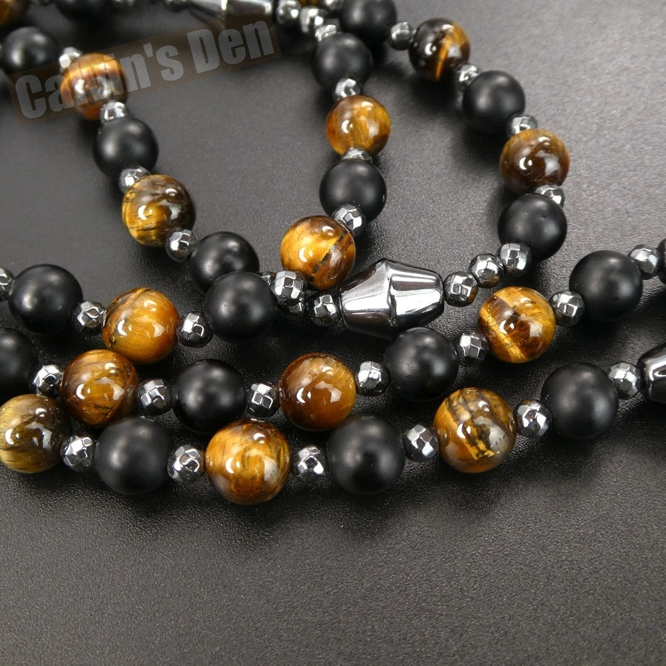 Tiger Eye Matte Black Obsidian Black Hematite Tooth Pendant Necklace Men Gift - Image 4 of 4
