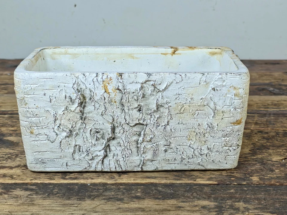 Birch Bark Texture Cement Planter – Rustic White Rectangular Pot 8.5" - Image 2 of 4