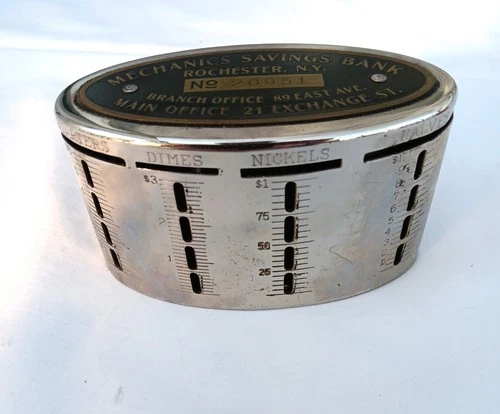 Rochester, NY “Mechanics Savings Bank” Vintage Chrome Coin StillBank - No Key