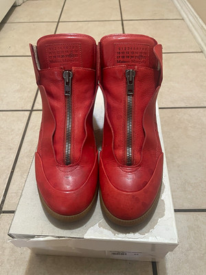 Maison Margiela Men s Red Circuit High Top Leather Zip-Up Sneakers S37WS0265 43