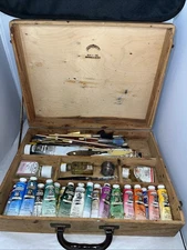 Anco Bilt Wooden Painters  Art Box Travel Case 32 Tubes Oil Paint 34 Brushes