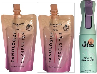2 TANOLOGIST EXPRESS TAN Refill SELF TAN WATER LIGHT Free Continuous MIST BOTTLE