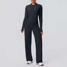 Completo Donna Nero Tuta Pezzi Zip Front Pantaloni Flare Modellanti T102602264