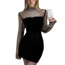 Black Rhinestone Mesh Velvet Bodycon Mini Dress S Party Club