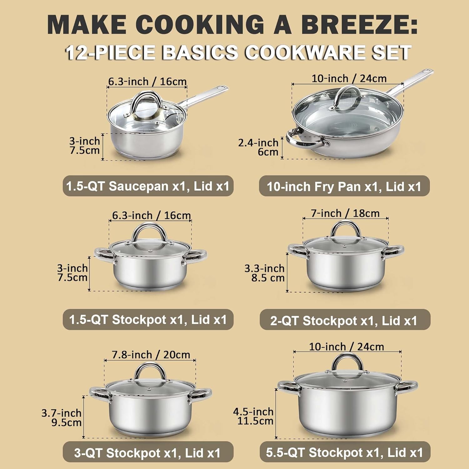 Home Kitchen Cookware Sets, 12-Piece Basic Stainless Steel Pots and Pans, Silver