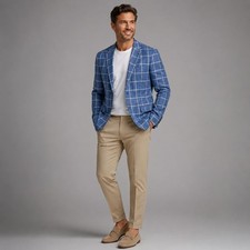 LAUREN Ralph Lauren Classic Fit Sport Coat Blazer Mens 40R Blue Linen Windowpane