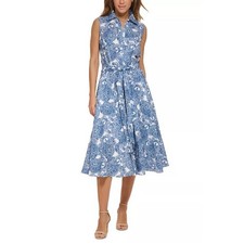 Tommy Hilfiger Paisley Belted Sleeveless Midi Dress Womens 16 Blue Linen Cotton