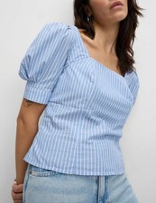 Marks & Spencer Womens Blue Mix Cotton Square neck Striped Short sleeved Top