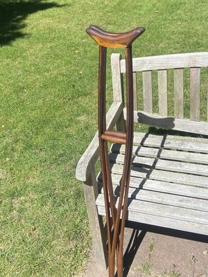 Vintage Wood Standard Crutches Pair, Brown Wooden Walking Aid Mobility Support
