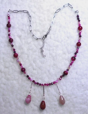 Fuschia Agate Drops Necklace, link chain, 21", 54cm long adjustable, Handmade. - Image 1 of 2