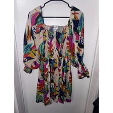 Palms Away Tropical Leaf Smocked Mini Dress Multi Color Puff Sleeve Womens M