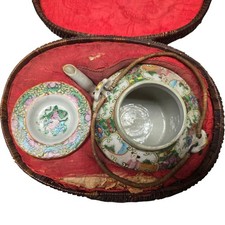 Antique Canton Rose Medallion 6" Teapot In Original Basket 19th Century