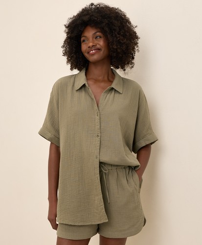 Pact Women's Coastal Double Gauze Oversized Shirt Medium Large Khaki Green