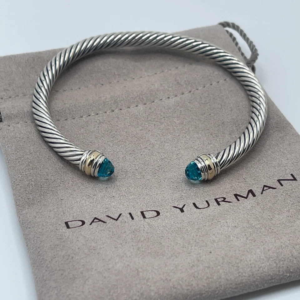 David Yurman cabo 5 mm prata esterlina topázio azul e pulseira de ouro amarelo 14K - Imagem 3 de 4