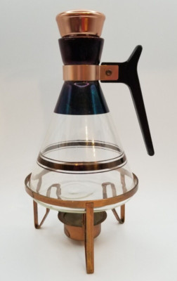 Vintage Corning Atomic Glass Coffee Carafe + Rare Warming Base + Lid