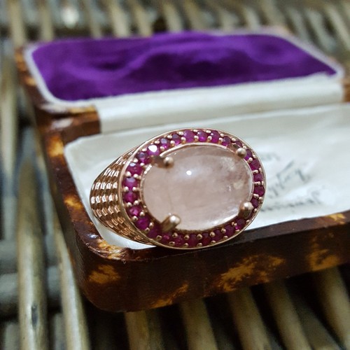 925 Sterling Silver Signet Ring, Rose Gold, Rubies And Rose Quartz,Size R.5 US 9 - Picture 1 of 8