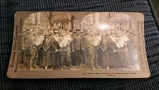 Happy reunion for home-coming soldier fathers stereoview card keystone wwI