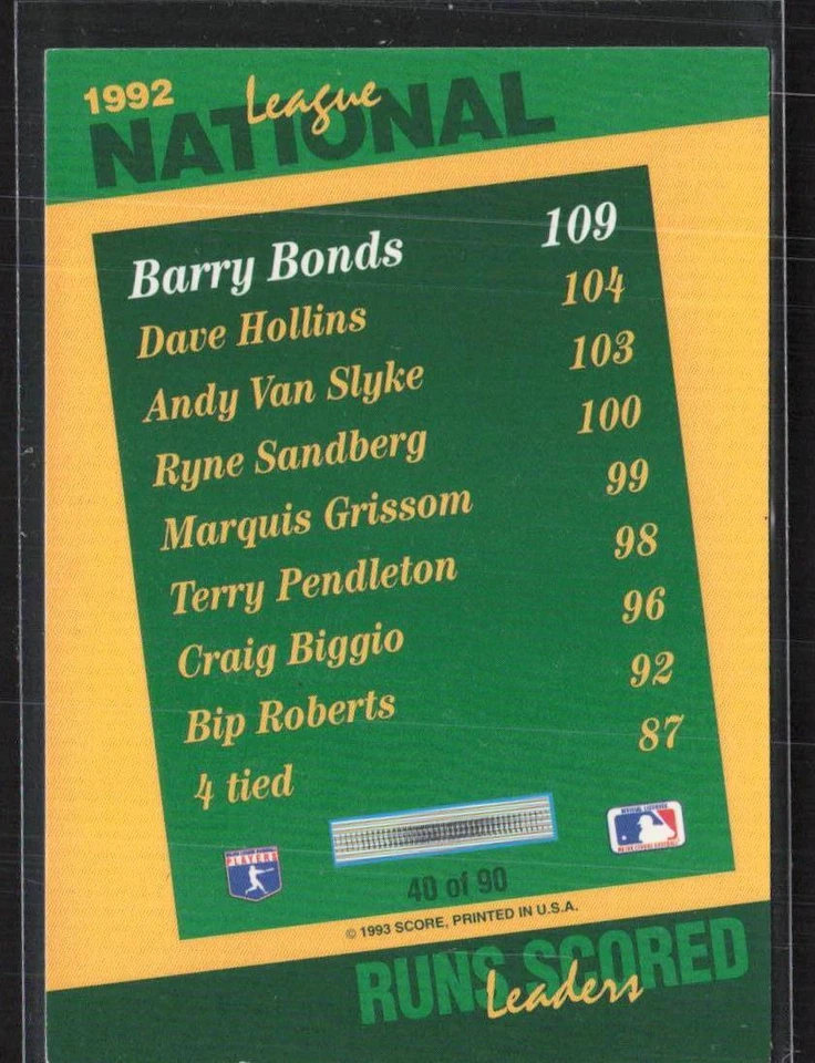 1993 Score #40 Barry Bonds Select Stat Leaders - Image 2 of 2