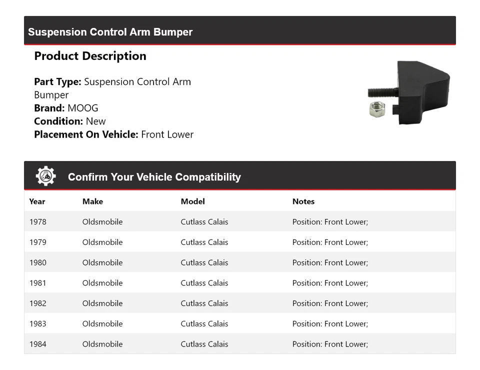 Parachoques brazo de control de suspensión Oldsmobile Cutlass Calais 1978-1984 MOOG 1978 Foto 2 de 4