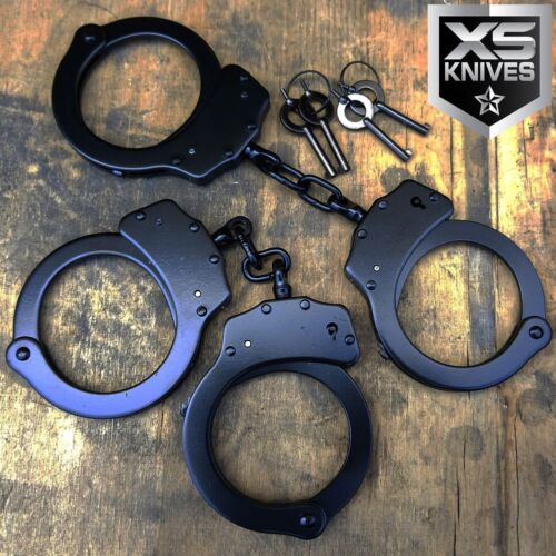 2PC BLACK Handcuffs STEEL Double Lock AUTHENTIC Hand Cuffs w/Keys REAL - 第 1/6 張圖片