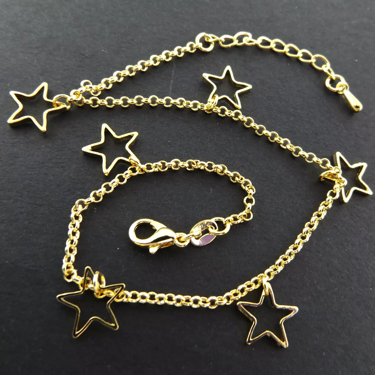 Anklet Bracelet 18K Yellow Gold GF Solid Star Charm Bead Link Design 22 25cm