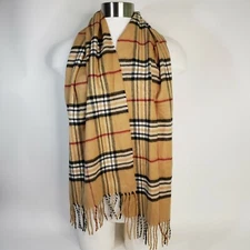V Fraas Casmink Acrylic Scarf Fringe Tan Beige Red Black Plaid Tartan Germany