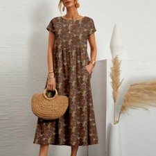 Womens Boho Floral Maxi Dress Ladies Casual Loose Holiday Short Sleeve Sundress