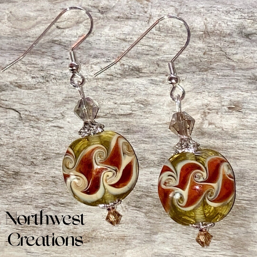 Vermillion Topaz Autumn Lampwork Glass Crystal Silver Drop Woman’s Earrings Gift