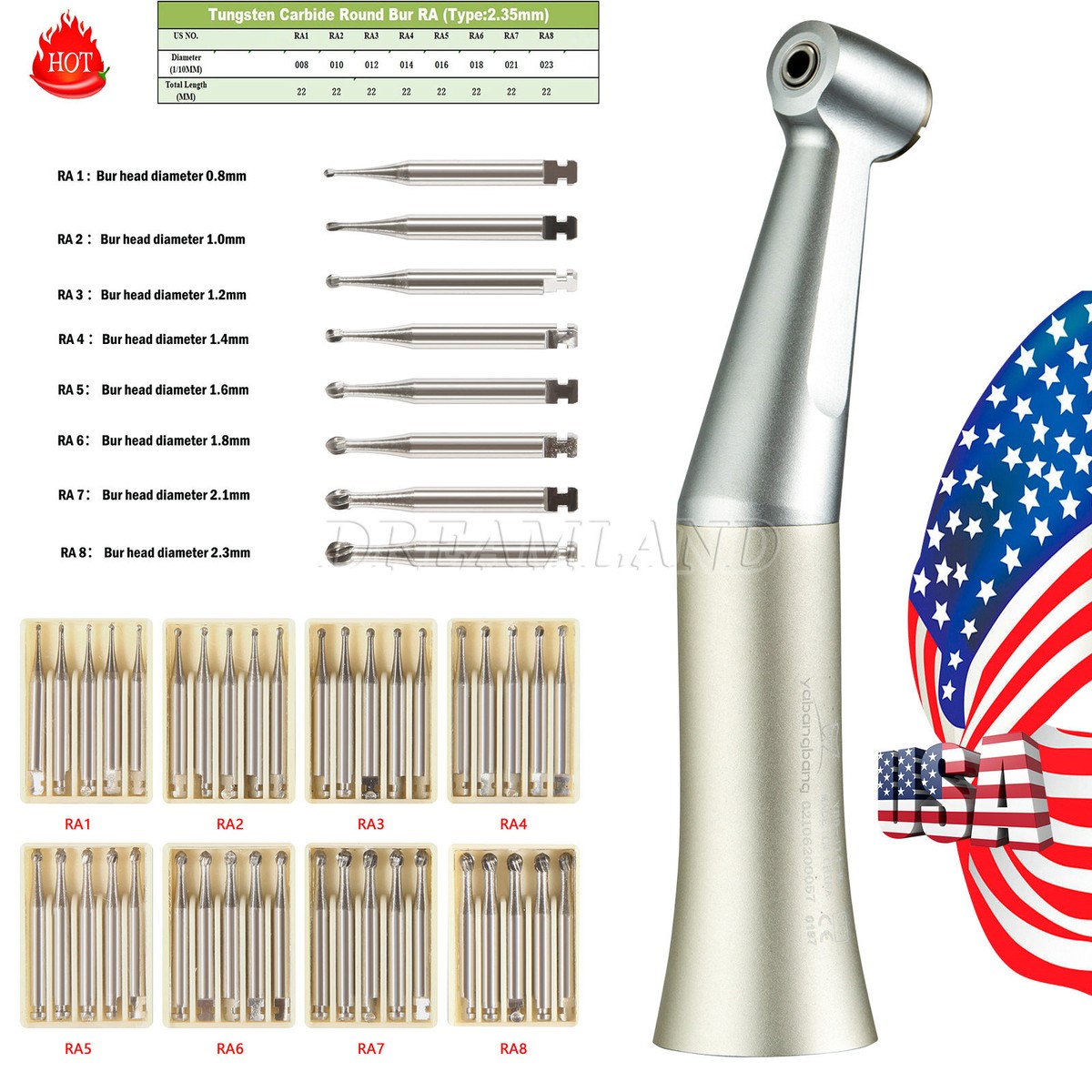 Dental Low Speed Contra Angle Handpece /Tungsten Steel Carbde Burs