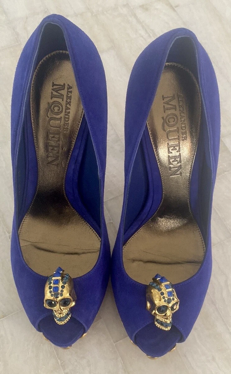 ALEXANDER McQUEEN ROYAL BLUE SUEDE PLATFORM PUMPS, SKULL PEEP-TOE,GOLD  HARDWARE