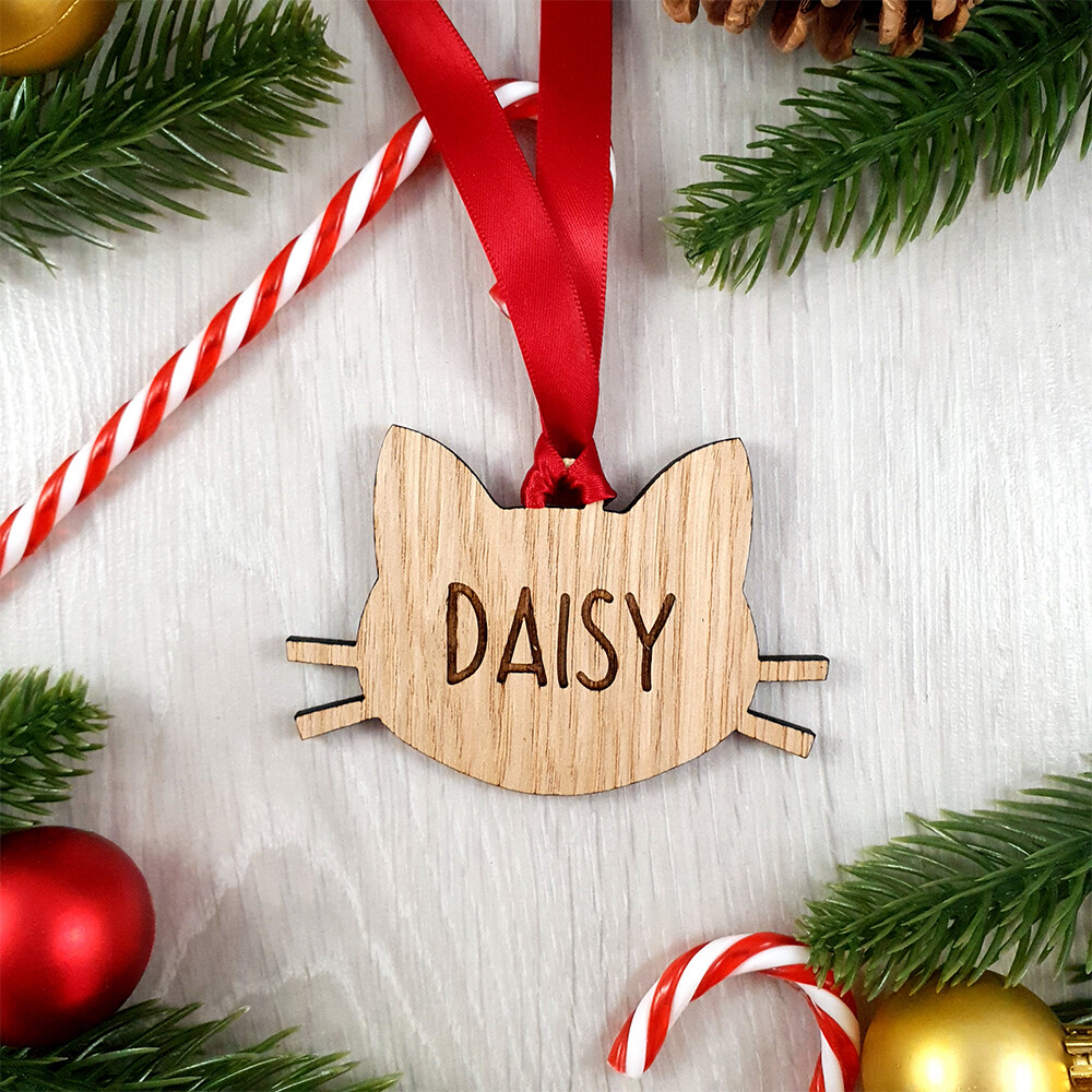 Personalised Cat Bauble Christmas Tree Decoration Wooden Name Pet Kitten Animal