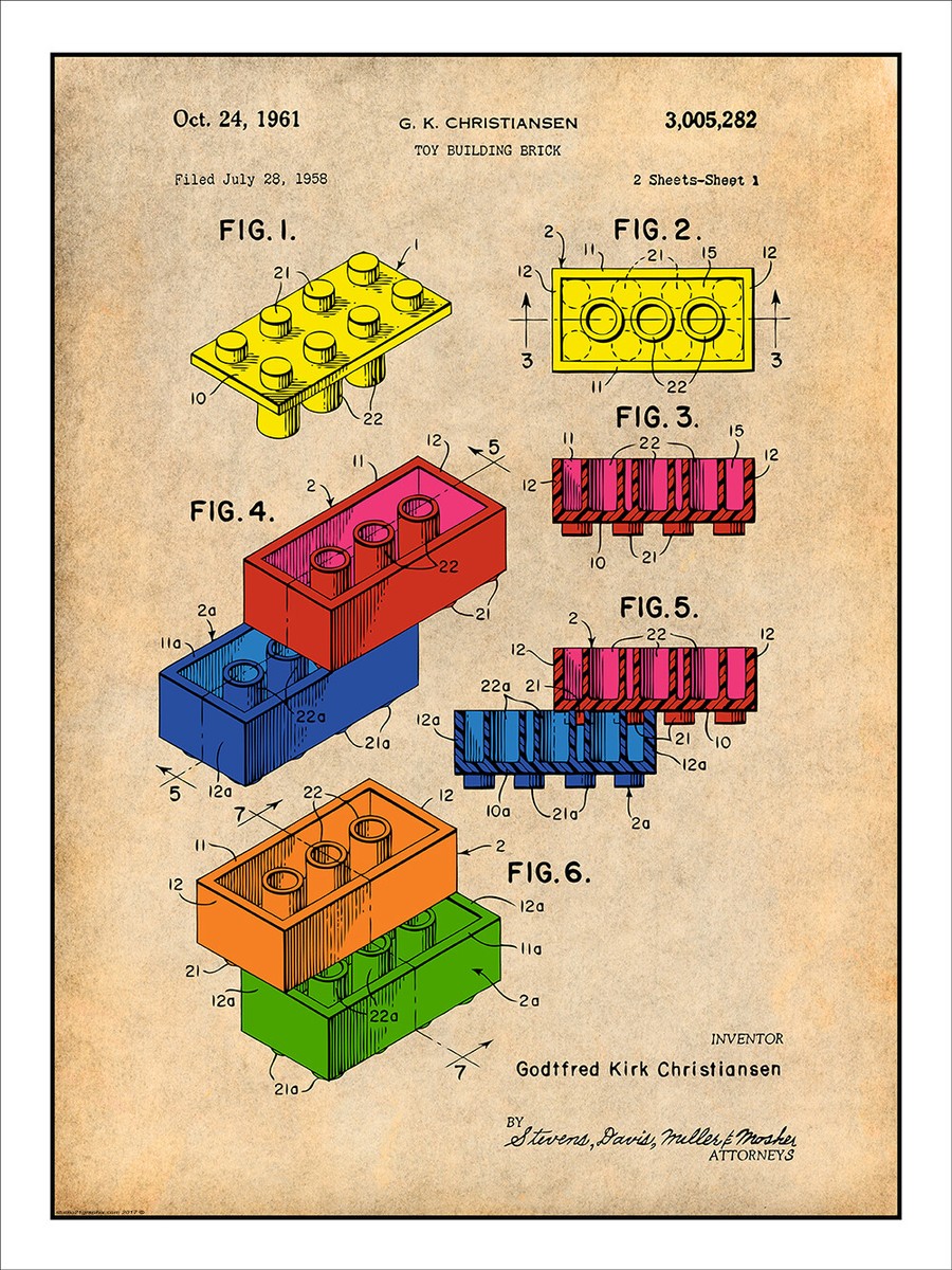 1961 Lego Toy Building Blocks Patent Print Colorized Art Drawing