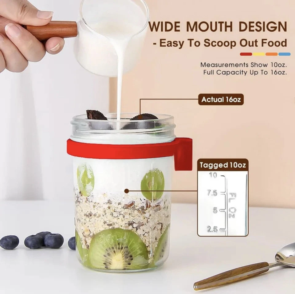 NOVO 16 Oz Recipientes de Aveia Noturna com Tampas e Colheres - Conjunto de 4 Frascos de Vidro - Imagem 4 de 4