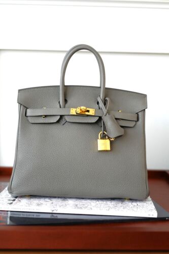 NEW Hermes Birkin 25 Gris Meyer Togo Gold Hardware Complete With Receipt