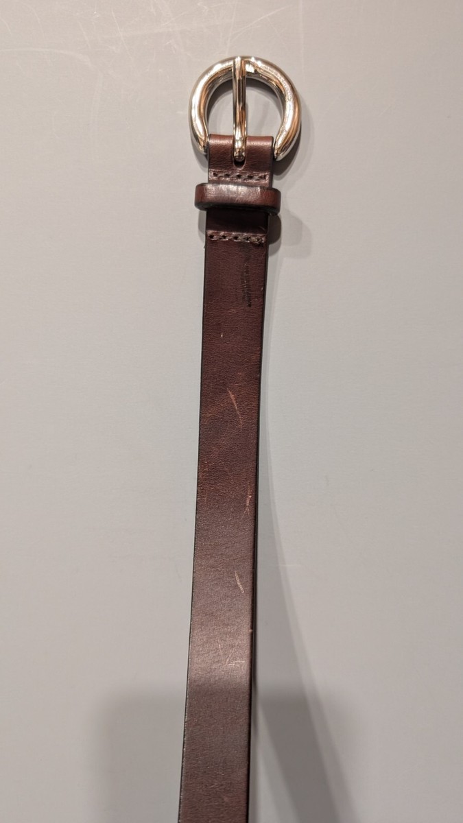 Slim Brown Italian Leather Belt Medium Solid Brass Silver  display picture 1