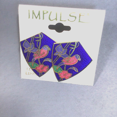 Vintage Cloisonne Bird on Floral Stem Earrings Taiwan 1.25'' Long Dark Blue- Red
