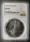 1992 $1 American Silver Eagle Dollar NGC MS69
