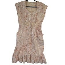 Vintage Tropical Palm Print Button Front Ruffle Hem Sun Dress Terracotta Small