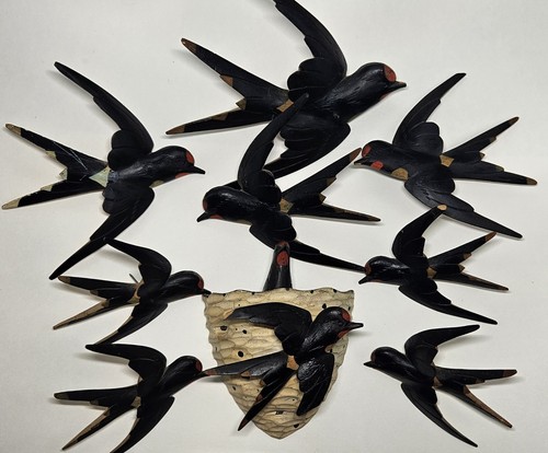 Black Forest Vintage Wood Carved Swallow Birds Wall Decor – Set of 9