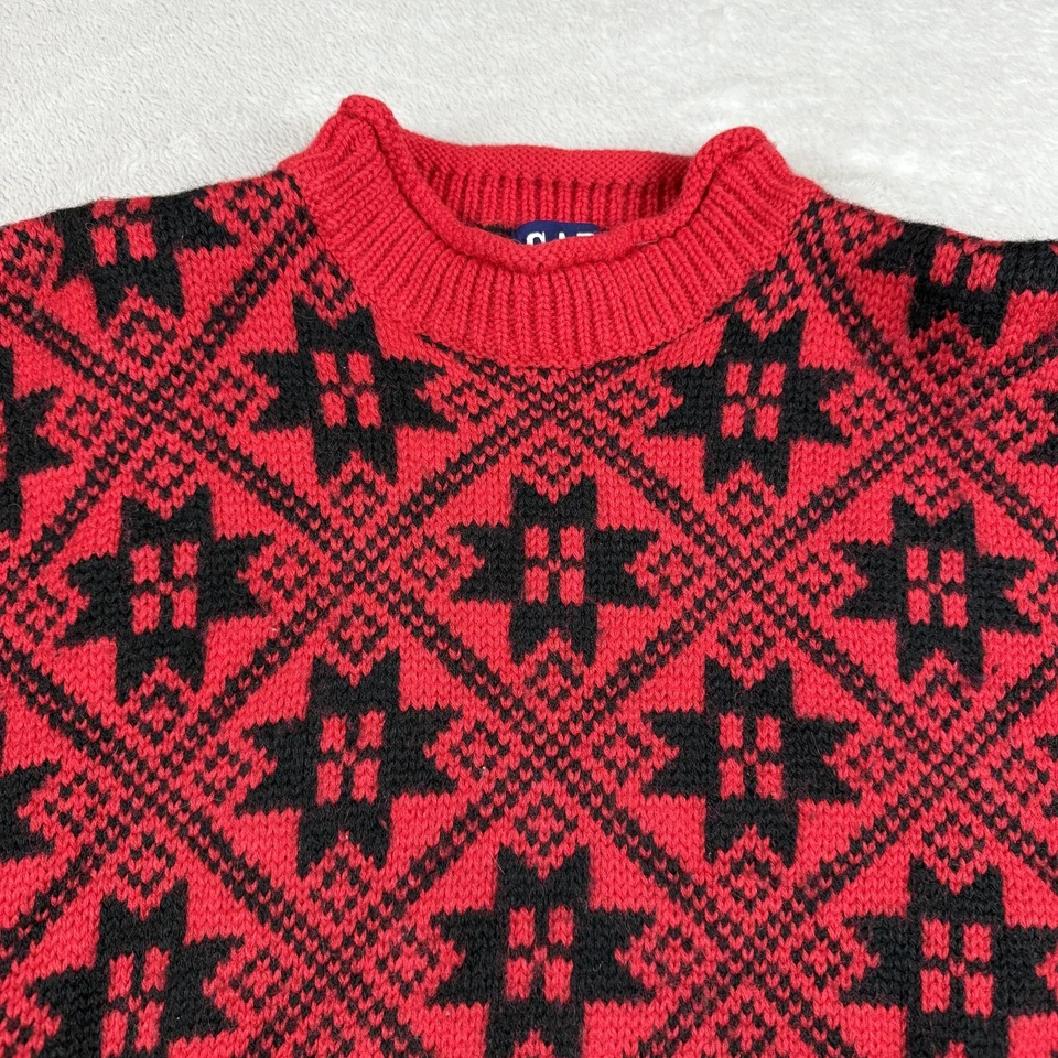 Vtg GAP Sweater Mens Small Red Black Wool Geometric Fair Isle Crewneck 90s Ski - Image 2 of 4