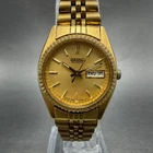 Seiko Watch Women 25mm Gold Dial Gold Tone Daydate Round 7N83-0041 New Battery V