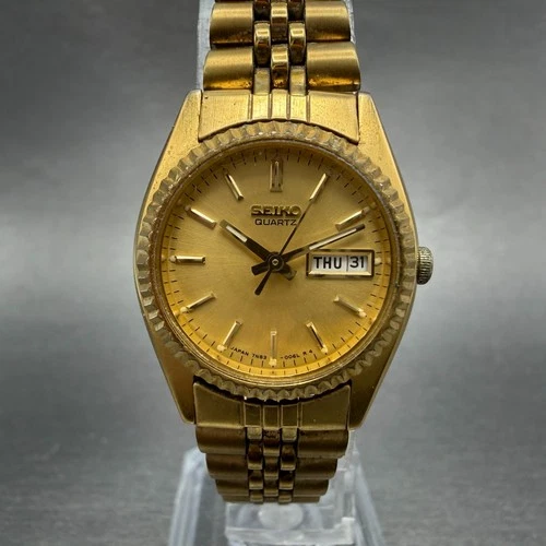 Seiko Watch Women 25mm Gold Dial Gold Tone Daydate Round 7N83-0041 New Battery V