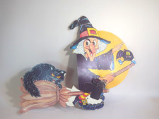 VTG Halloween Honeycomb Witch Black Cat Broom Moon Die Cut Decor f3