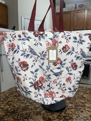 Beautiful large Rachel Ashwell canvas tote bag with flowers and birds.